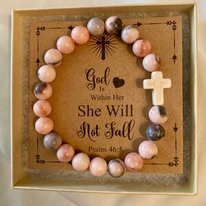 Cross & Natural Stone Faith Christian Scripture Stretch Bracelet